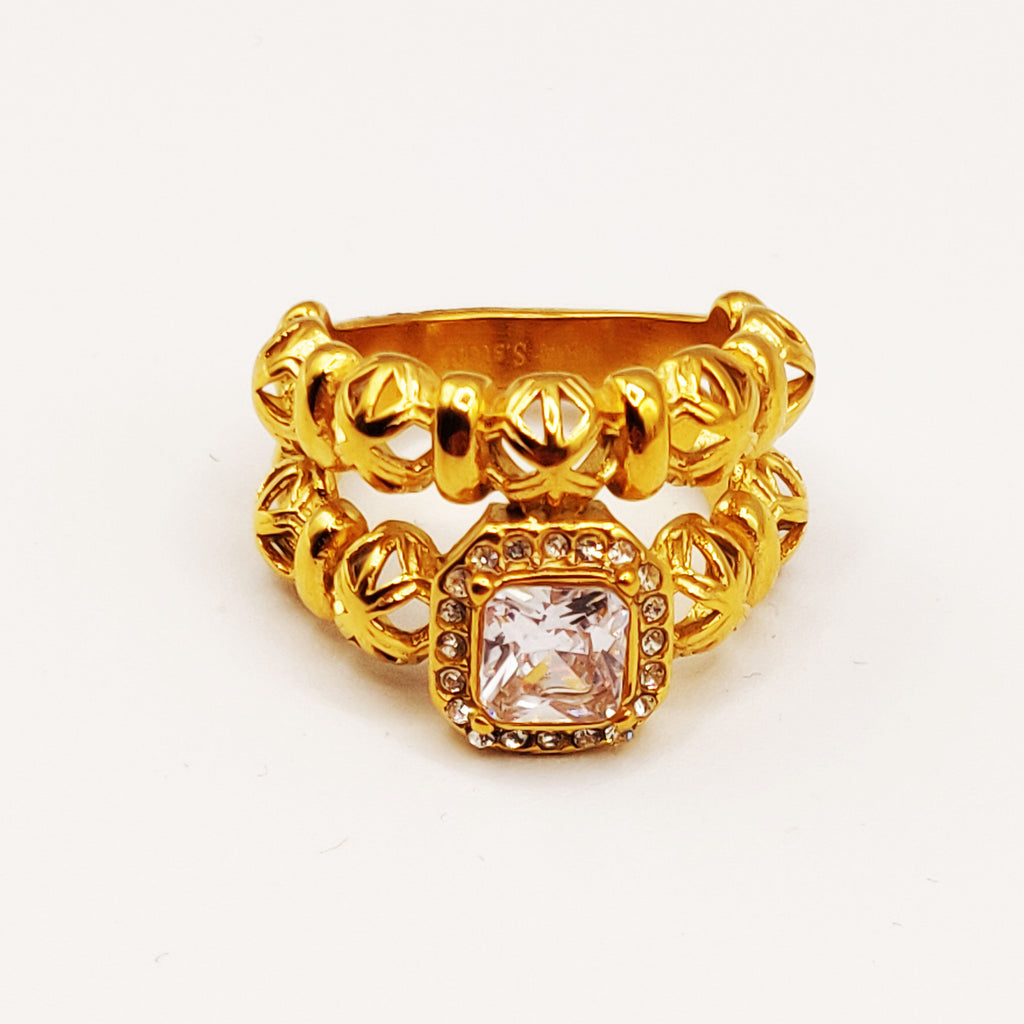 Bague Double Lignes Multi Boules Orientales et Cristal Carré Luxe