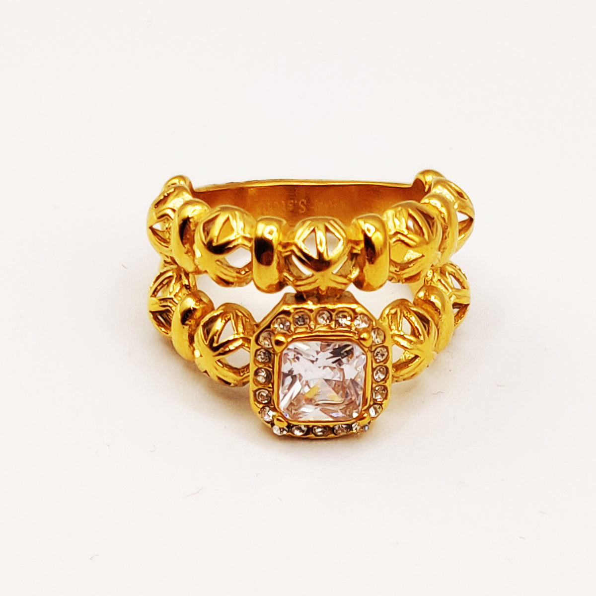 Bague Double Lignes Multi Boules Orientales et Cristal Carré Luxe