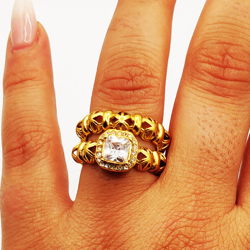 Bague Double Lignes Multi Boules Orientales et Cristal Carré Luxe