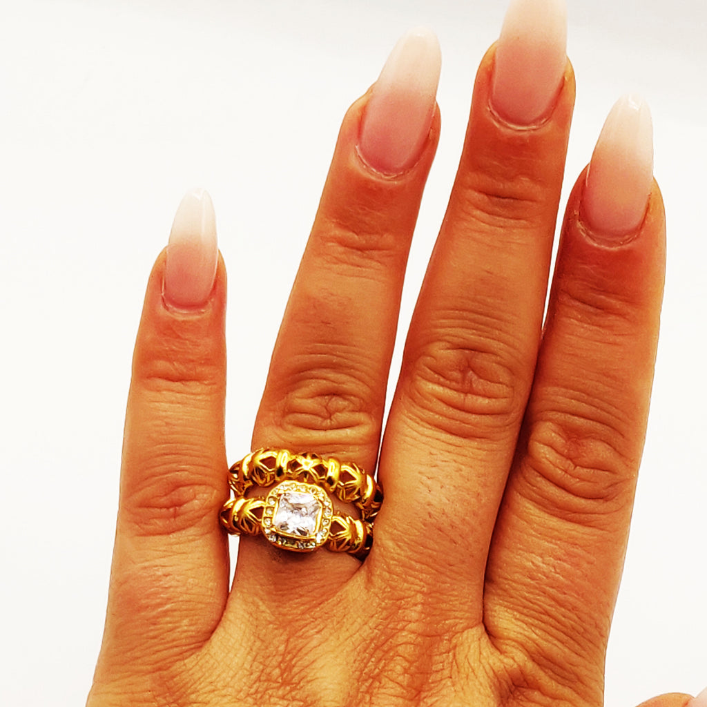 Bague Double Lignes Multi Boules Orientales et Cristal Carré Luxe
