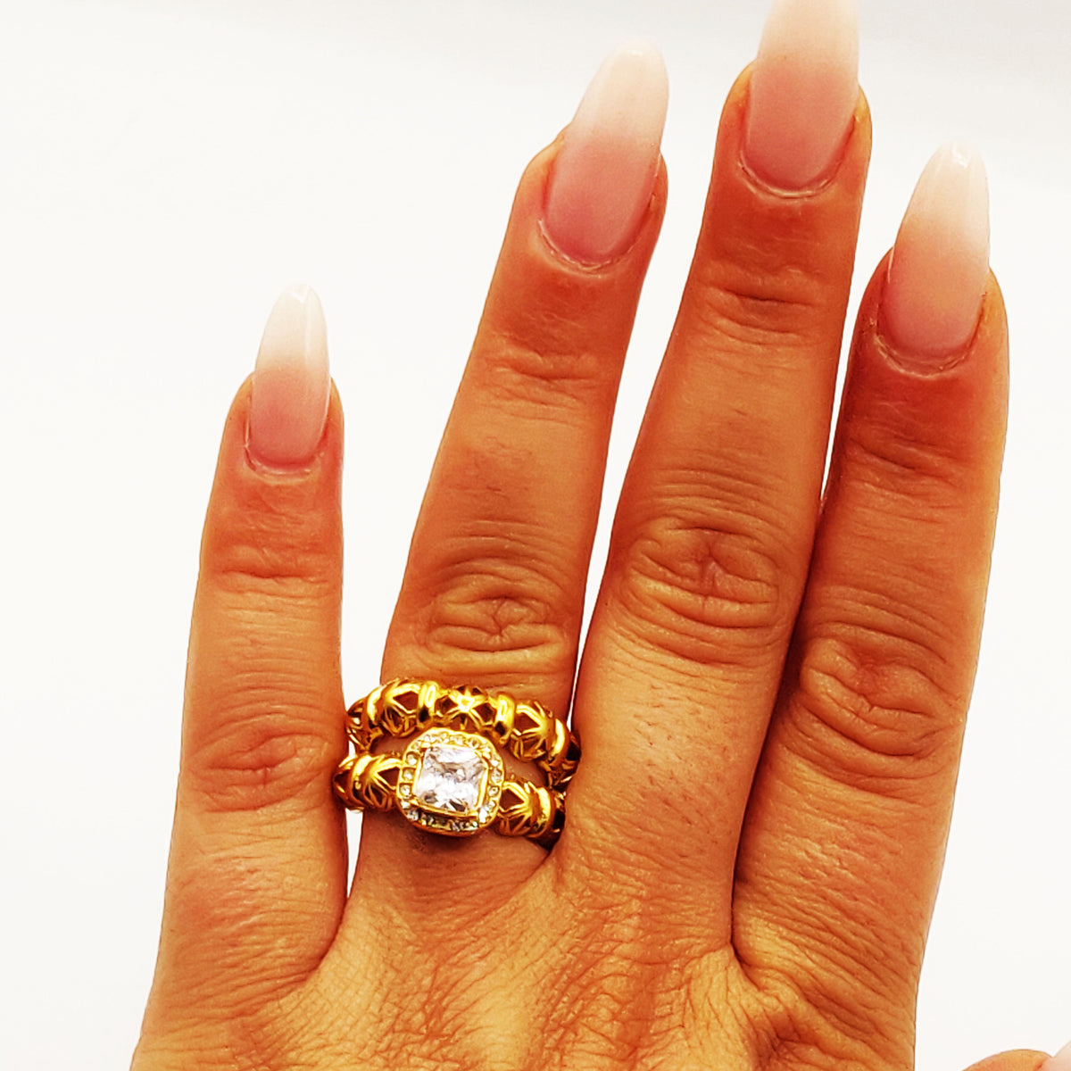 Bague Double Lignes Multi Boules Orientales et Cristal Carré Luxe