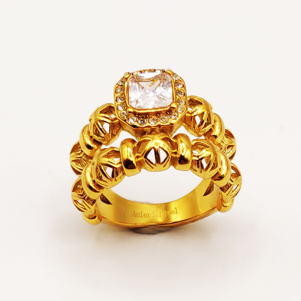 Bague Double Lignes Multi Boules Orientales et Cristal Carré Luxe