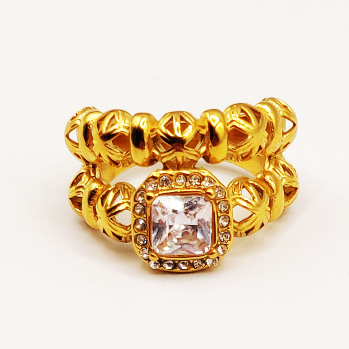 Bague Double Lignes Multi Boules Orientales et Cristal Carré Luxe