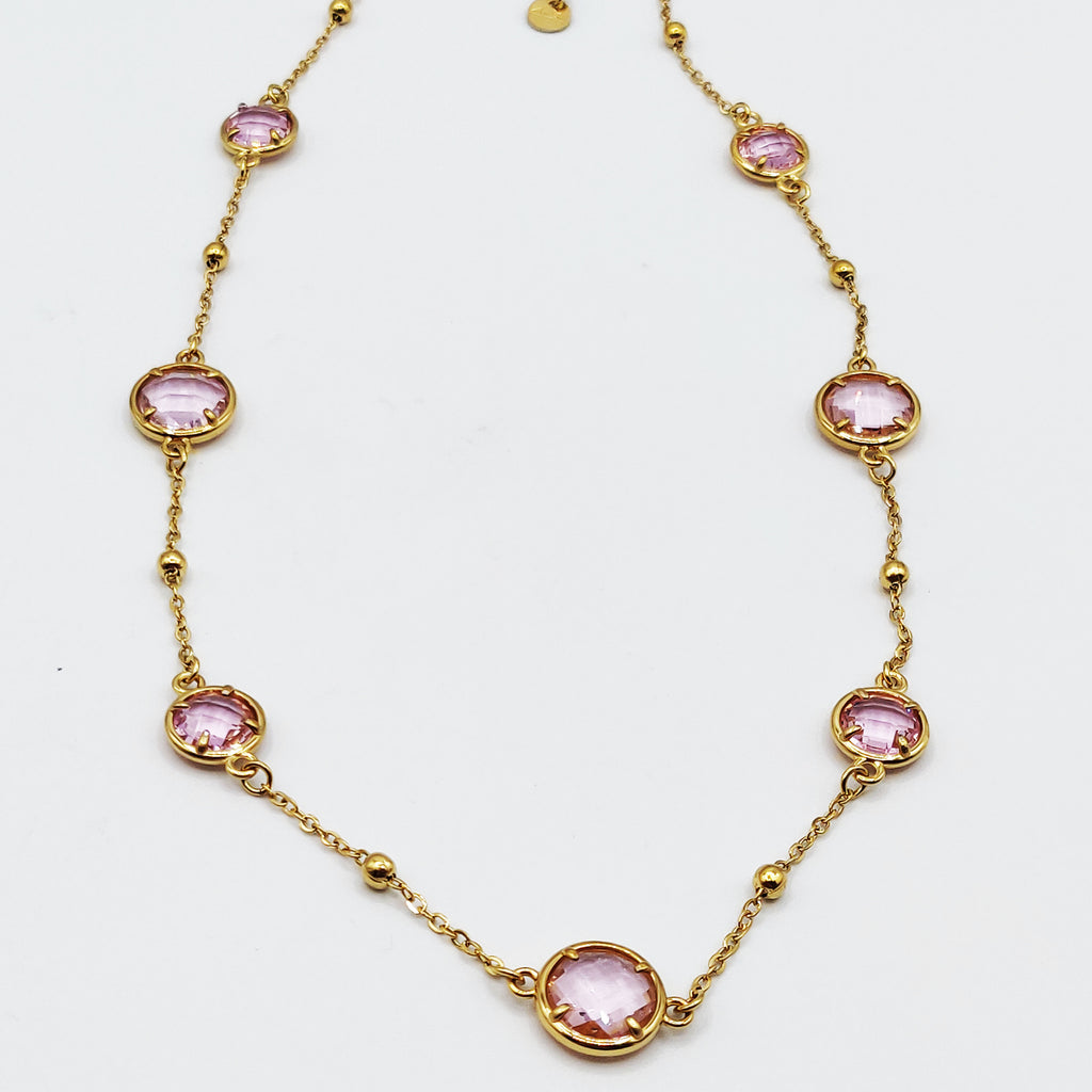Collier Multi Gros Cristaux Ronds Roses Luxe