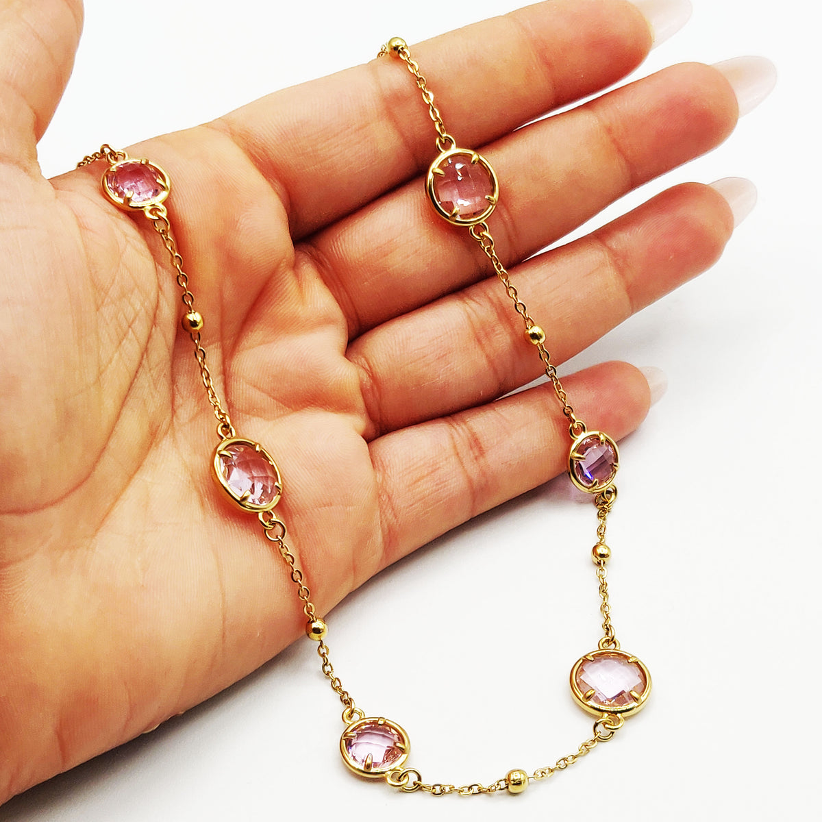 Collier Multi Gros Cristaux Ronds Roses Luxe