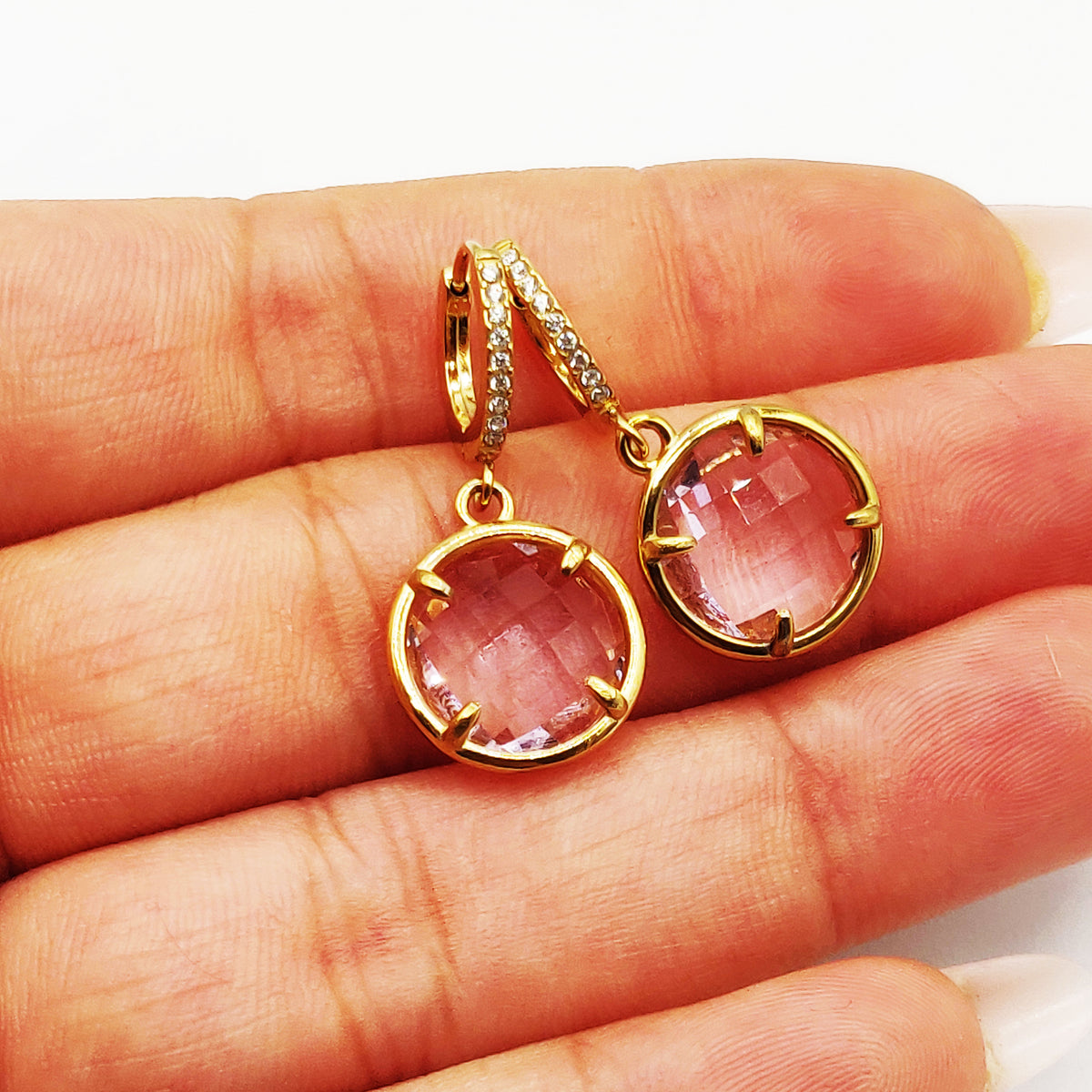 Boucles d'oreilles Multi Gros Cristaux Ronds Roses Luxe