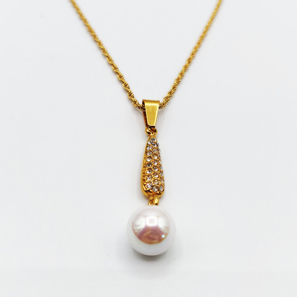 Collier Goutte Cristaux et Perle d'imitation Blanche Luxe