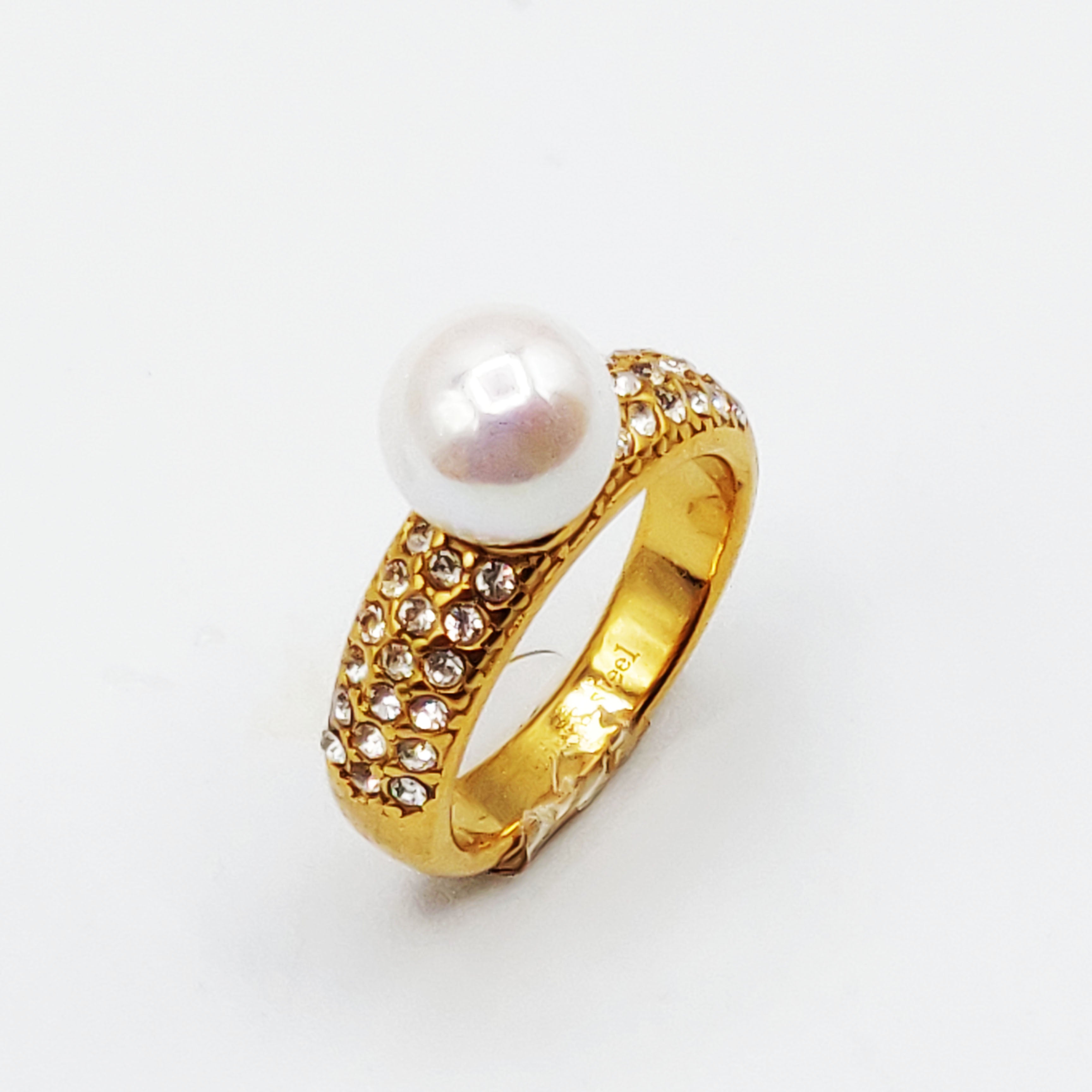 Bague Goutte Cristaux et Perle d'imitation Blanche Luxe