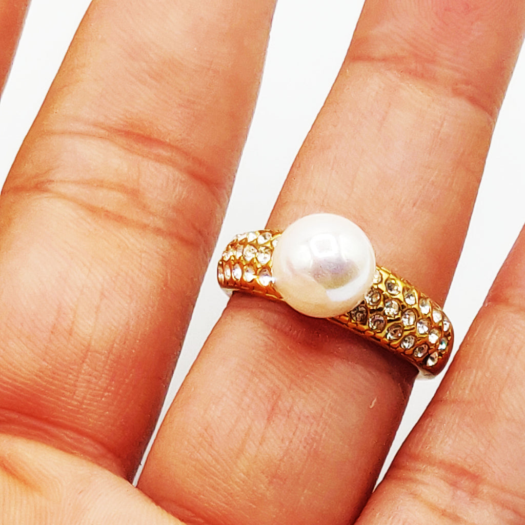 Bague Goutte Cristaux et Perle d'imitation Blanche Luxe
