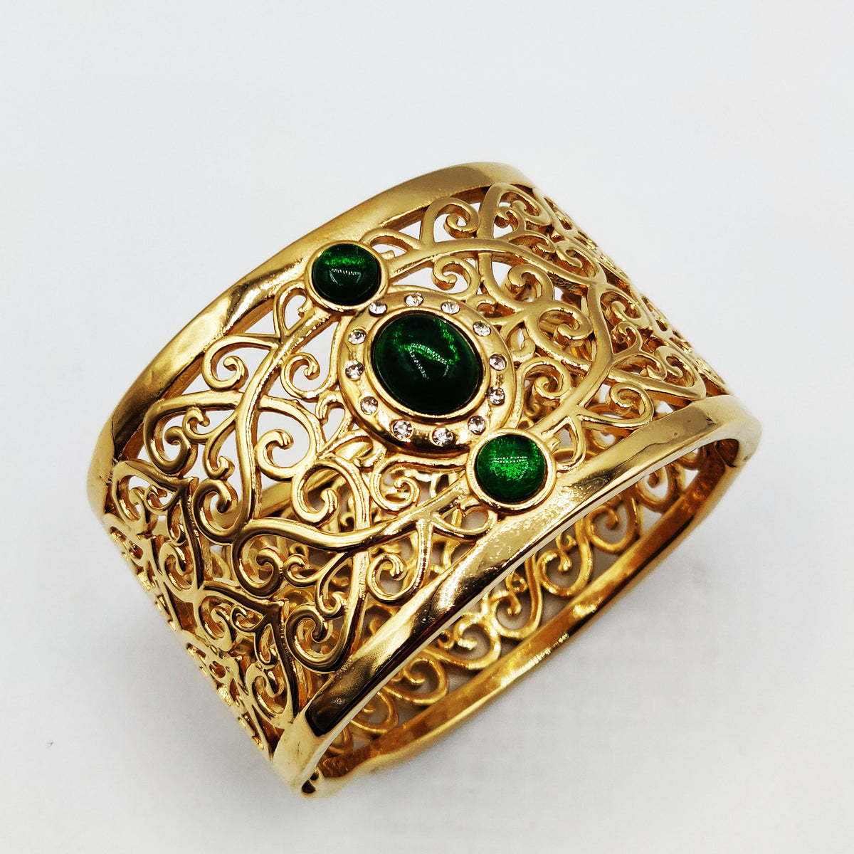 Bracelet Rigide Motifs Orientaux Pierres Vertes Luxe