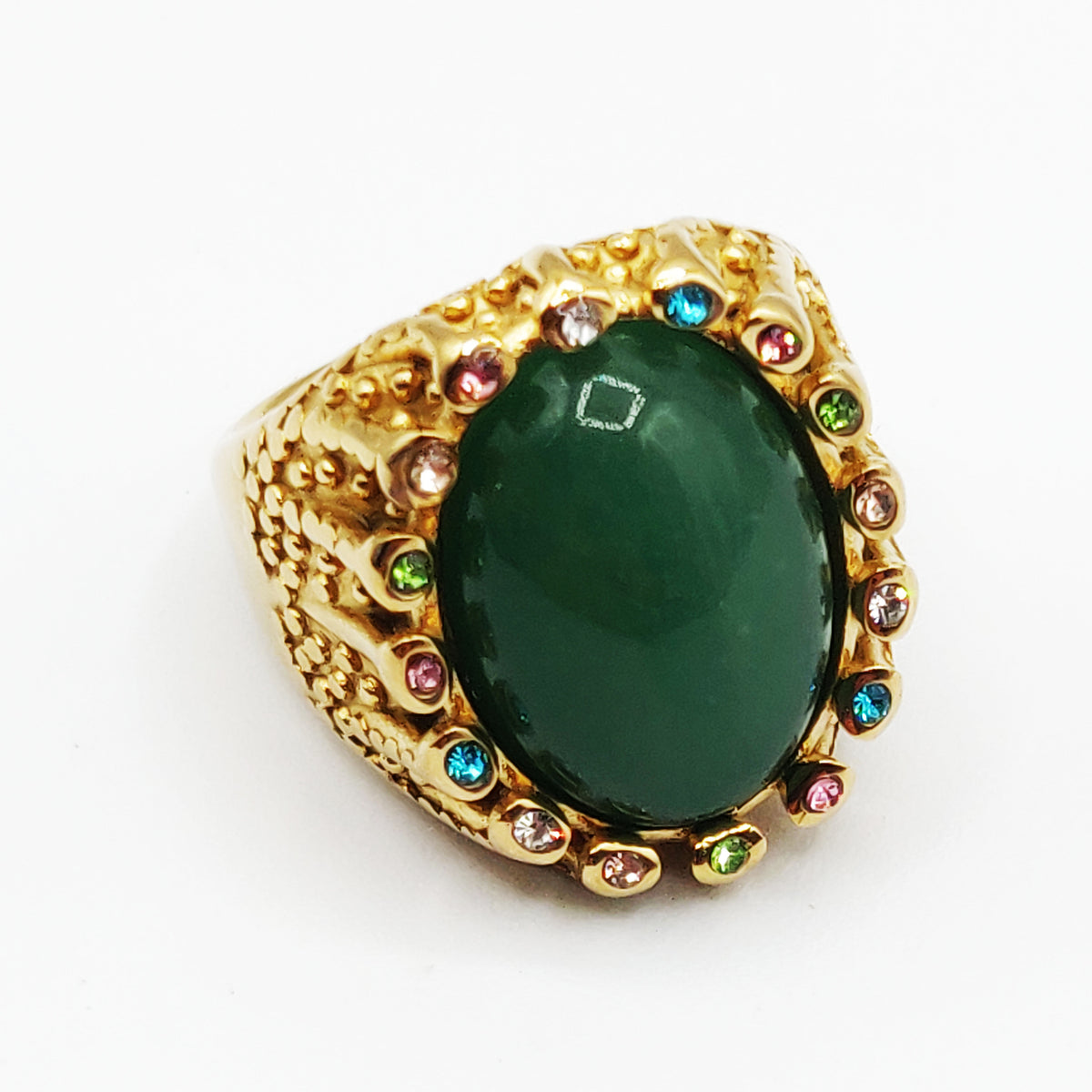 Bague Pierre Ovale Verte Tour Cristaux Multicolores Luxe