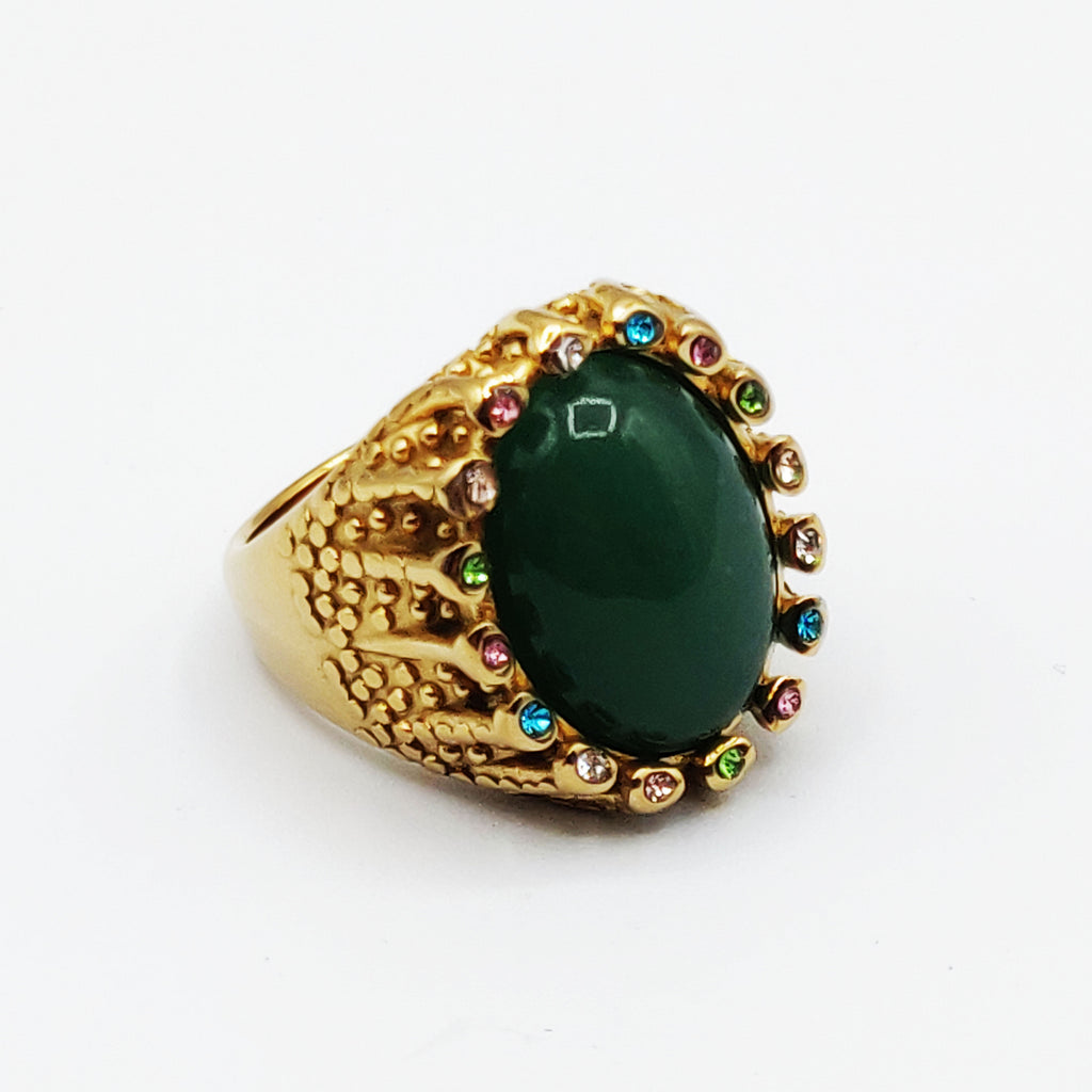 Bague Pierre Ovale Verte Tour Cristaux Multicolores Luxe