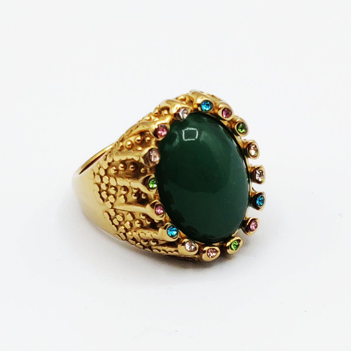 Bague Pierre Ovale Verte Tour Cristaux Multicolores Luxe
