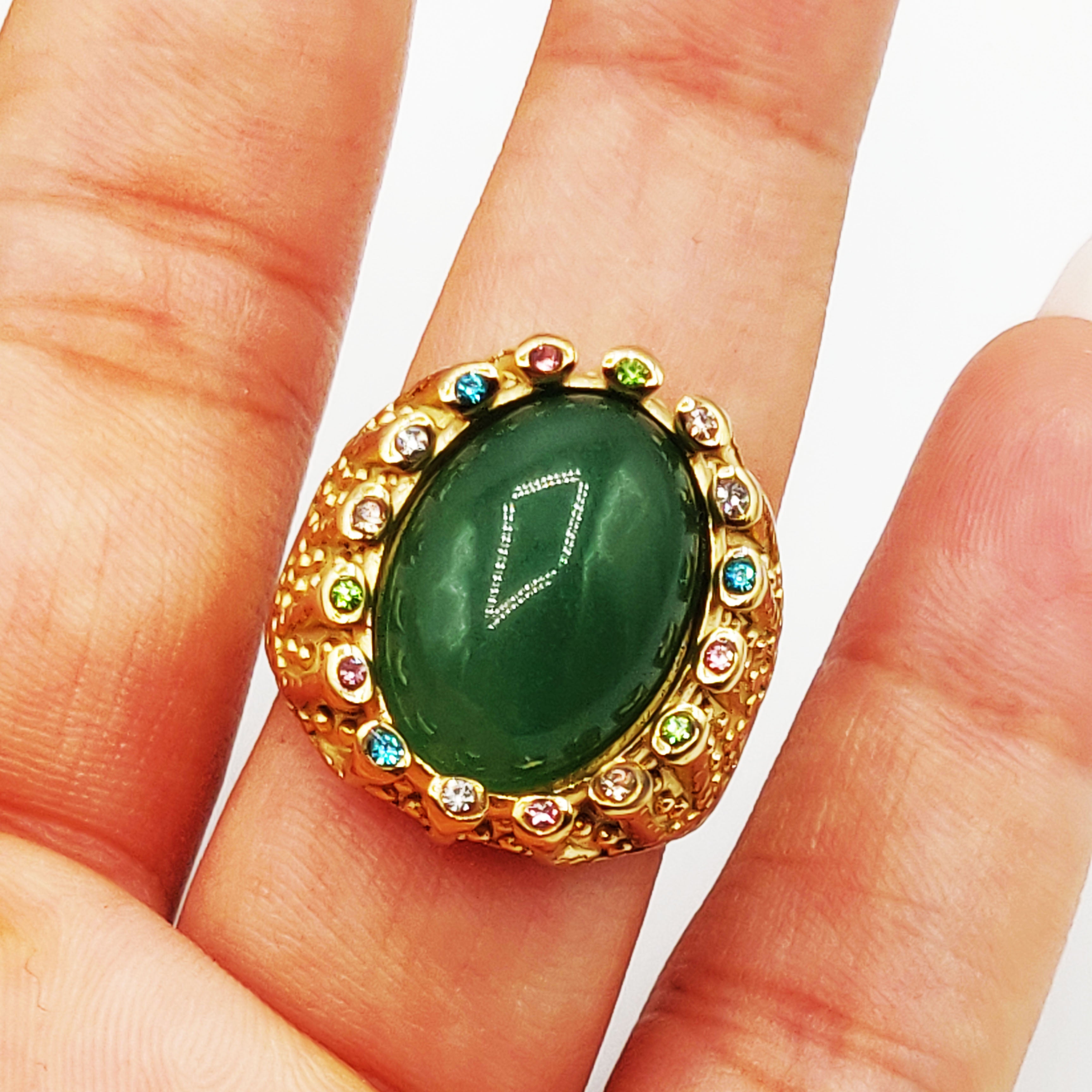 Bague Pierre Ovale Verte Tour Cristaux Multicolores Luxe