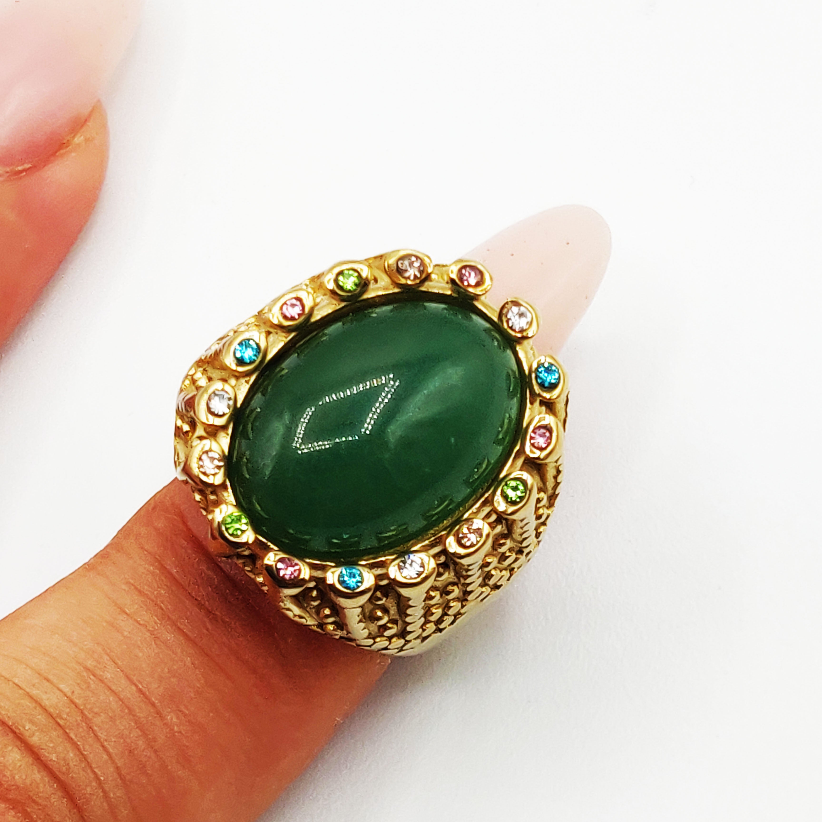 Bague Pierre Ovale Verte Tour Cristaux Multicolores Luxe
