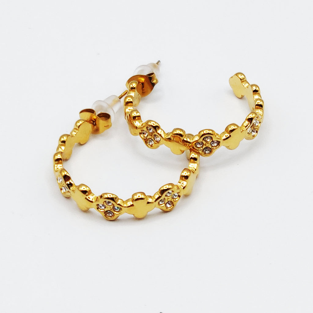 Boucles d'oreilles Trèfles Dorés et 4 Cristaux Luxe