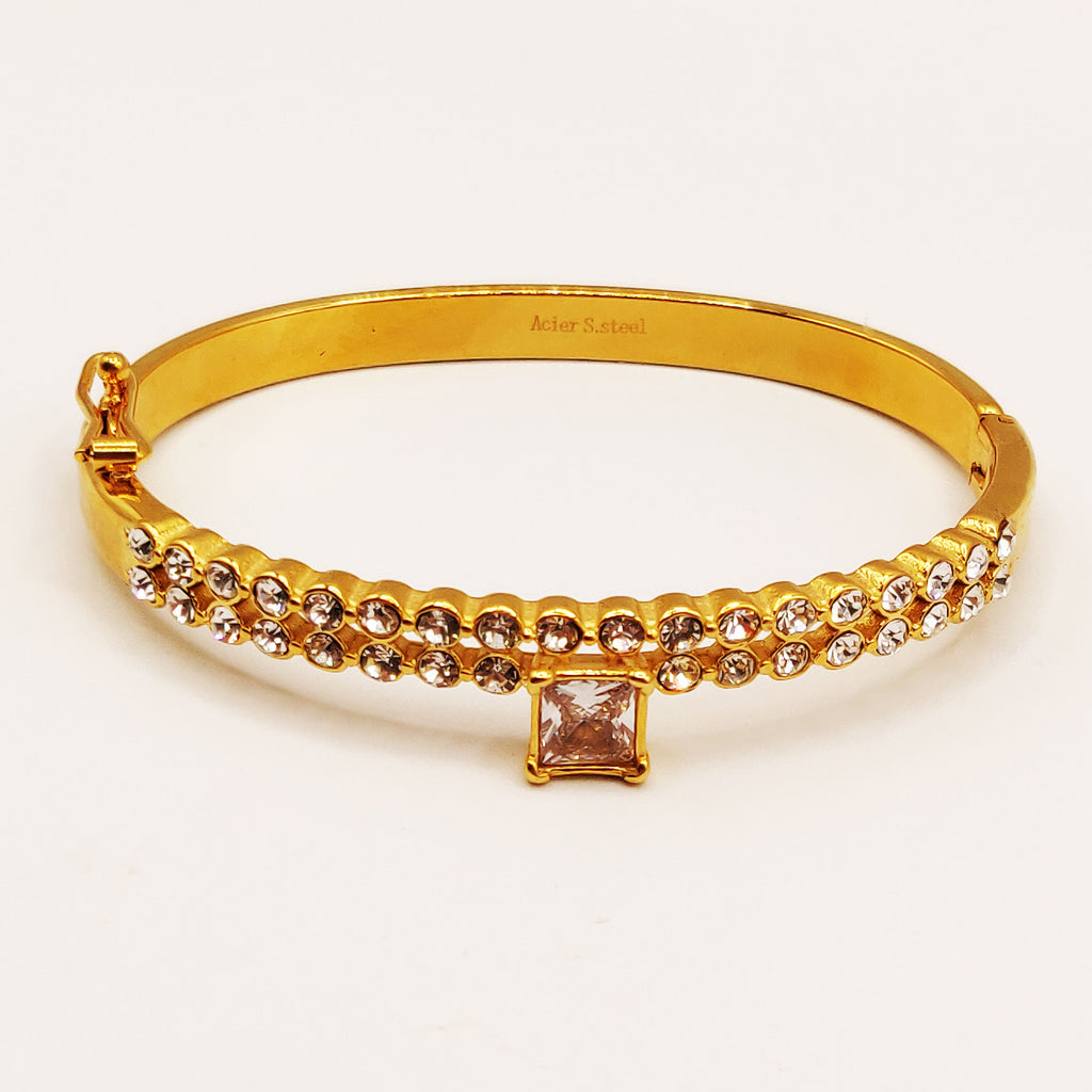 Bracelet Rigide Double Lignes Cristaux Ronds et Grand Cristal Carré Luxe