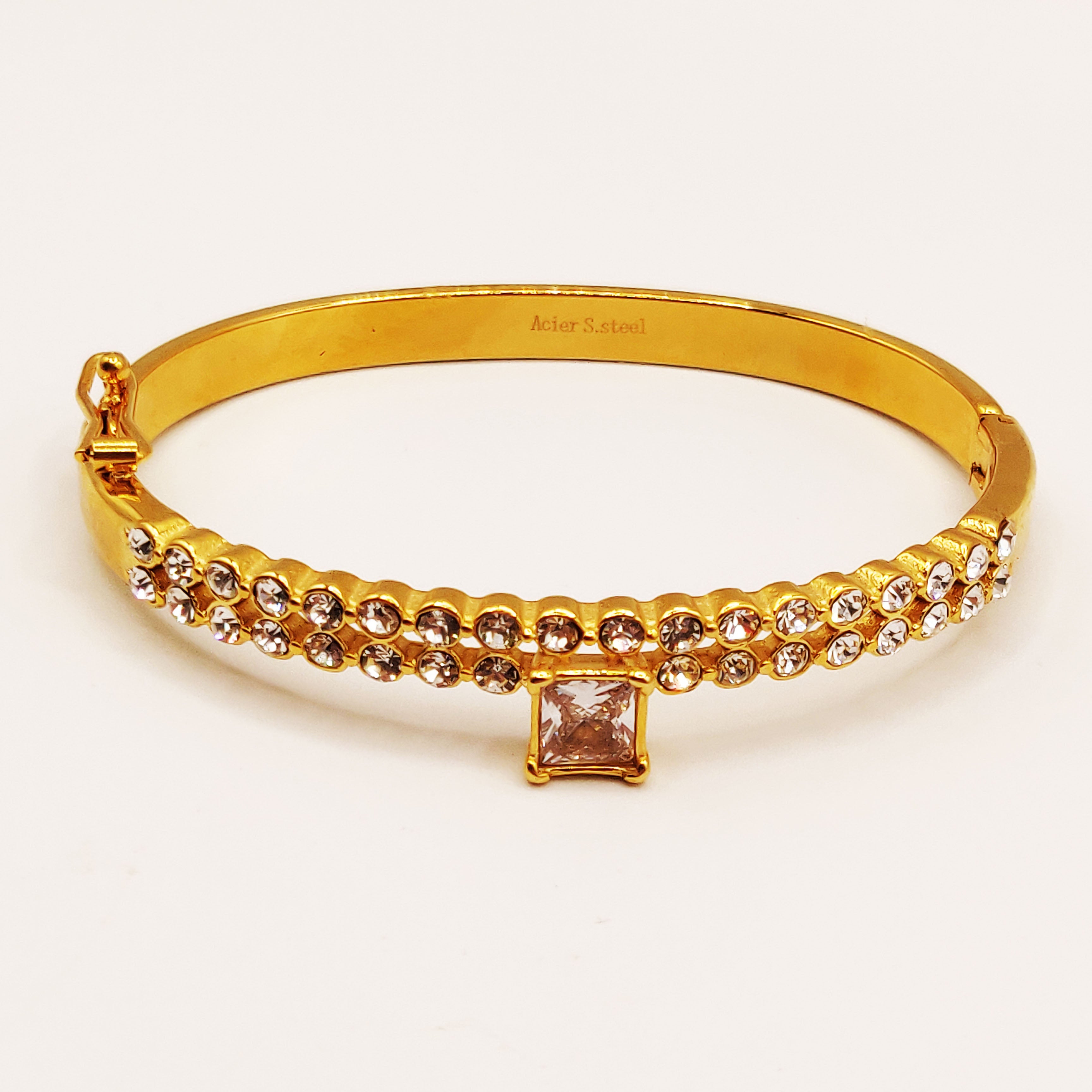 Bracelet Rigide Double Lignes Cristaux Ronds et Grand Cristal Carré Luxe