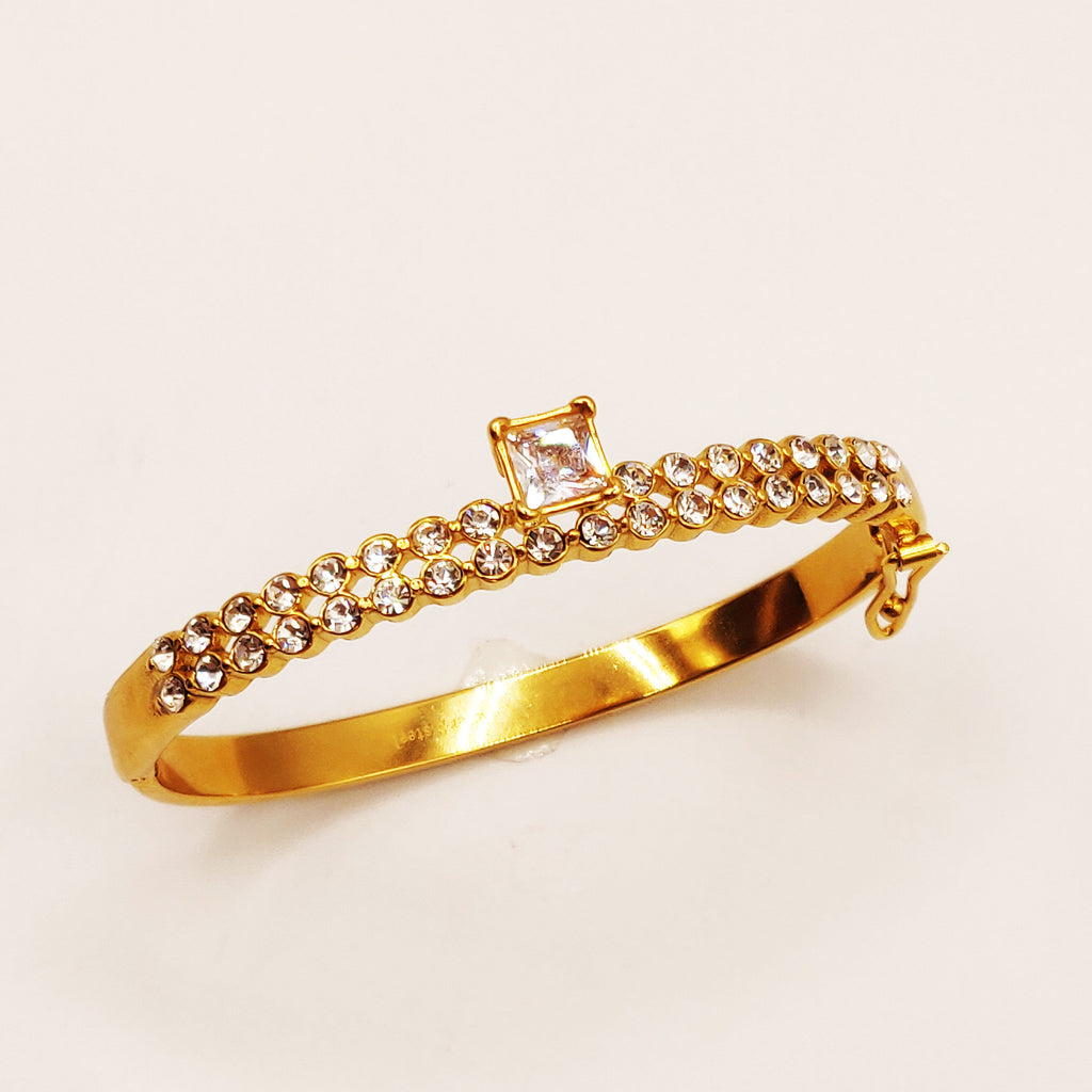 Bracelet Rigide Double Lignes Cristaux Ronds et Grand Cristal Carré Luxe