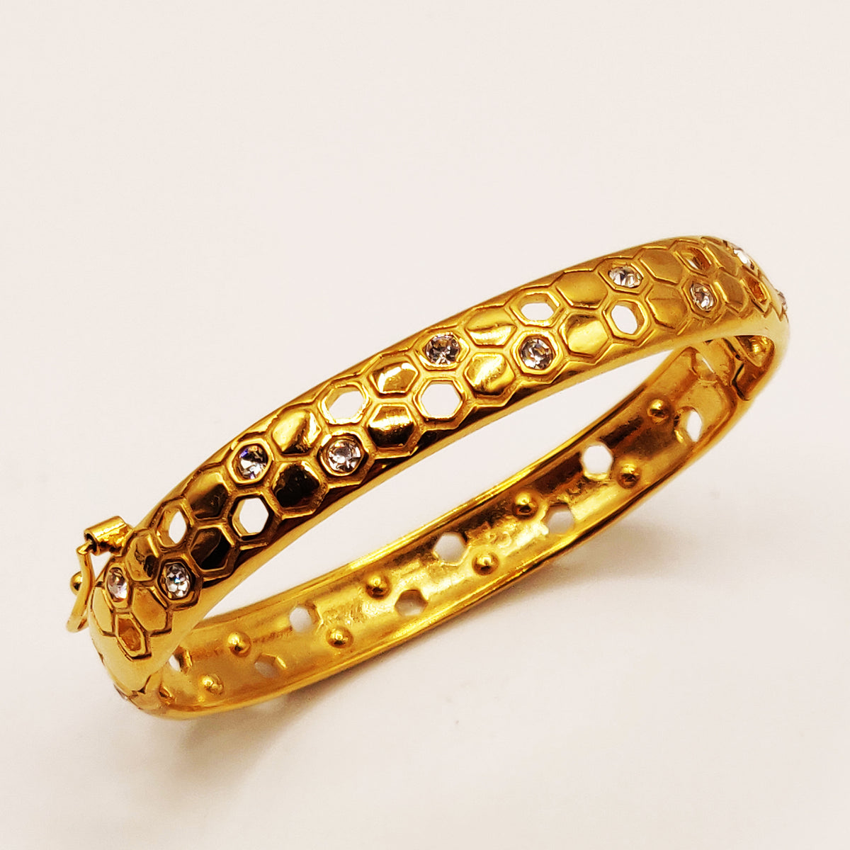 Bracelet Rigide Double Lignes Hexagones Dorés et Cristaux Luxe