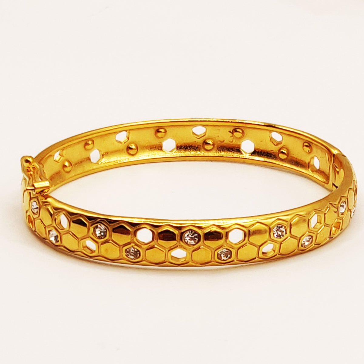 Bracelet Rigide Double Lignes Hexagones Dorés et Cristaux Luxe