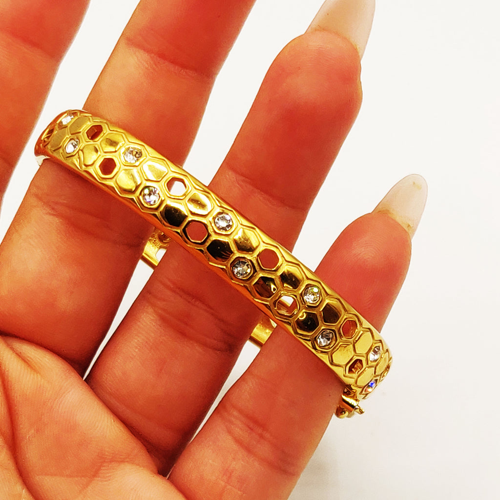 Bracelet Rigide Double Lignes Hexagones Dorés et Cristaux Luxe