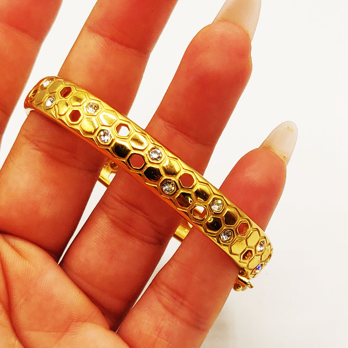 Bracelet Rigide Double Lignes Hexagones Dorés et Cristaux Luxe
