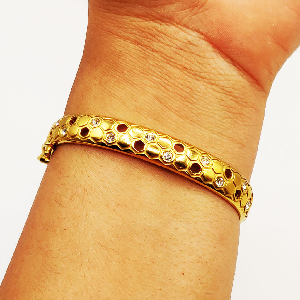 Bracelet Rigide Double Lignes Hexagones Dorés et Cristaux Luxe