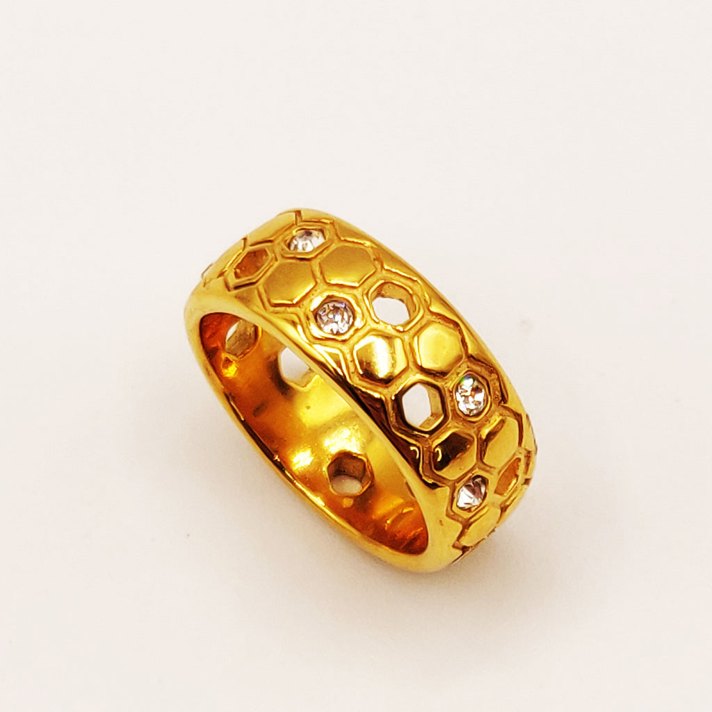 Bague Double Lignes Hexagones Dorés et Cristaux Luxe