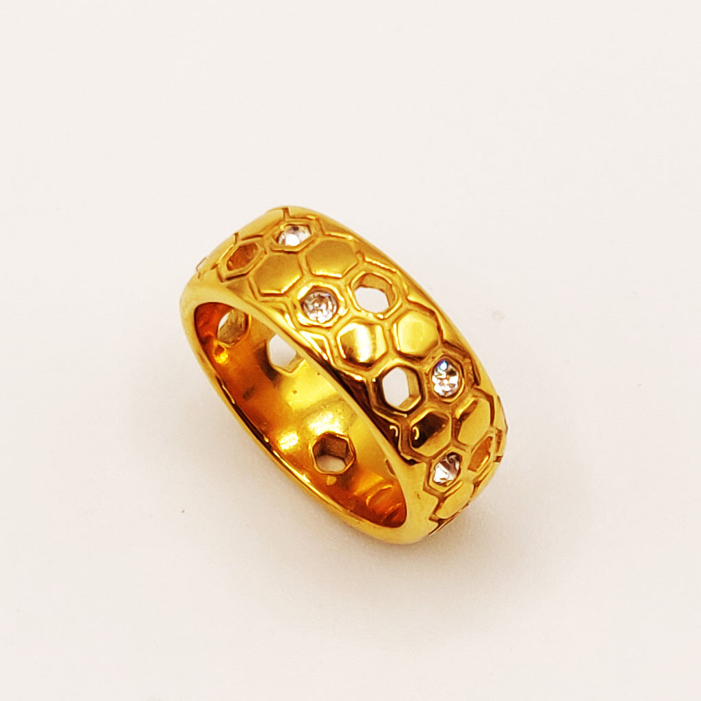 Bague Double Lignes Hexagones Dorés et Cristaux Luxe