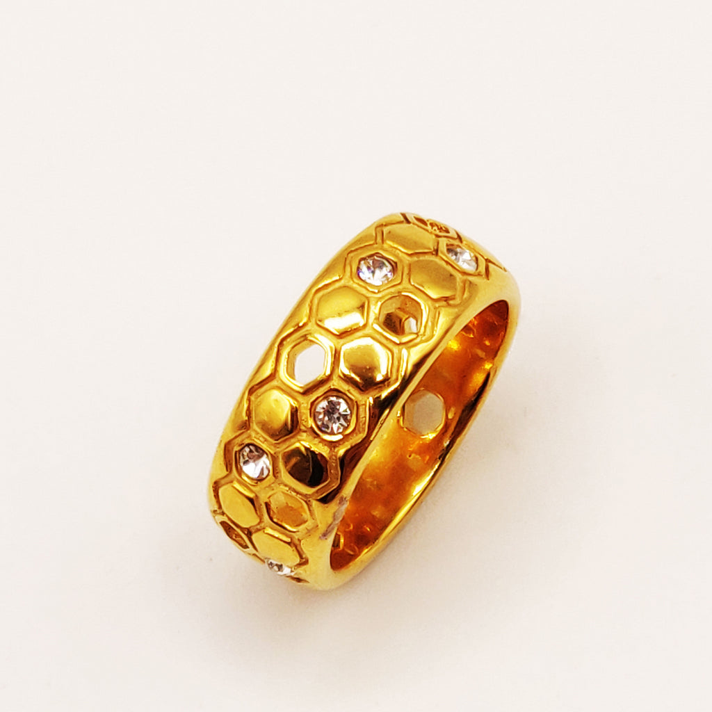 Bague Double Lignes Hexagones Dorés et Cristaux Luxe