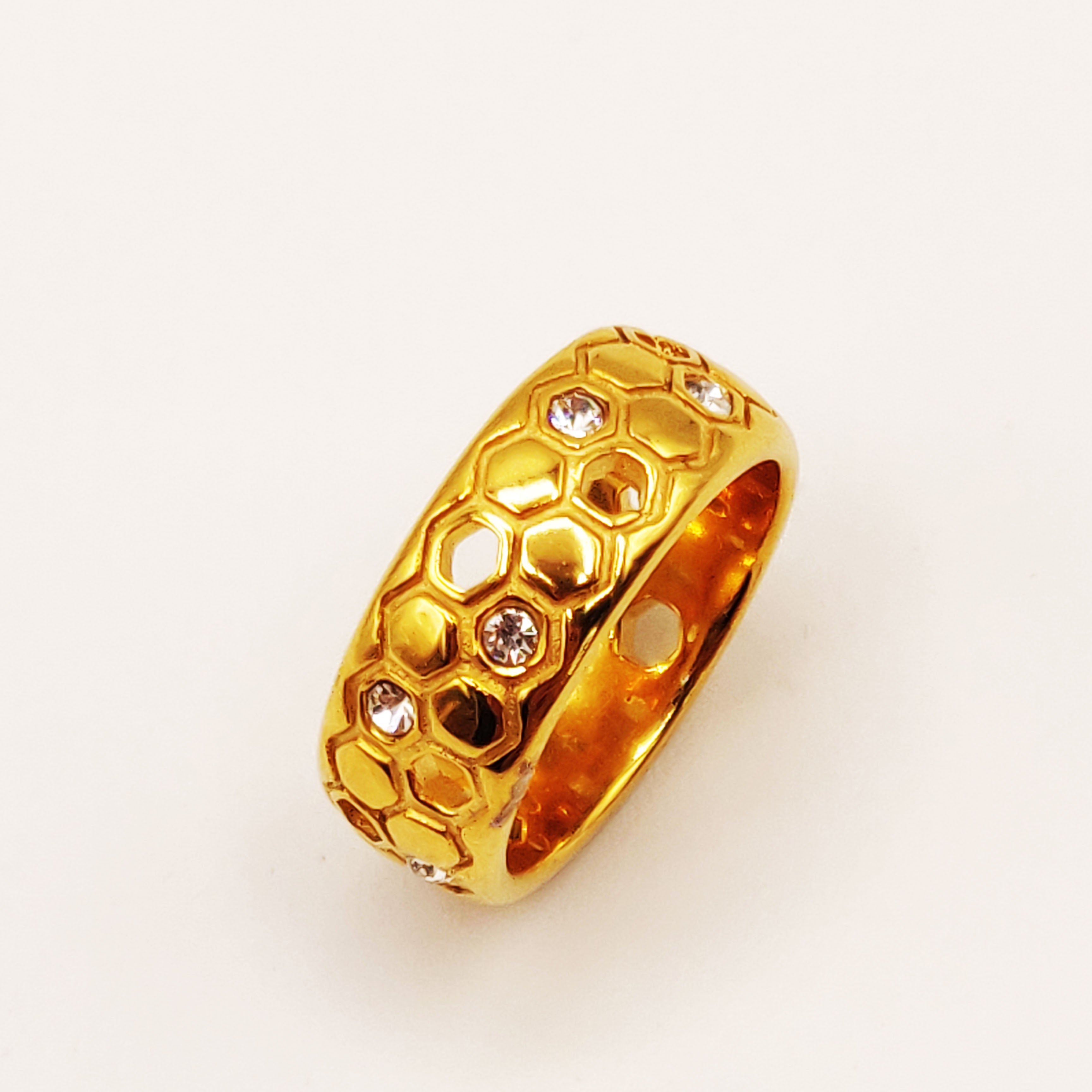 Bague Double Lignes Hexagones Dorés et Cristaux Luxe