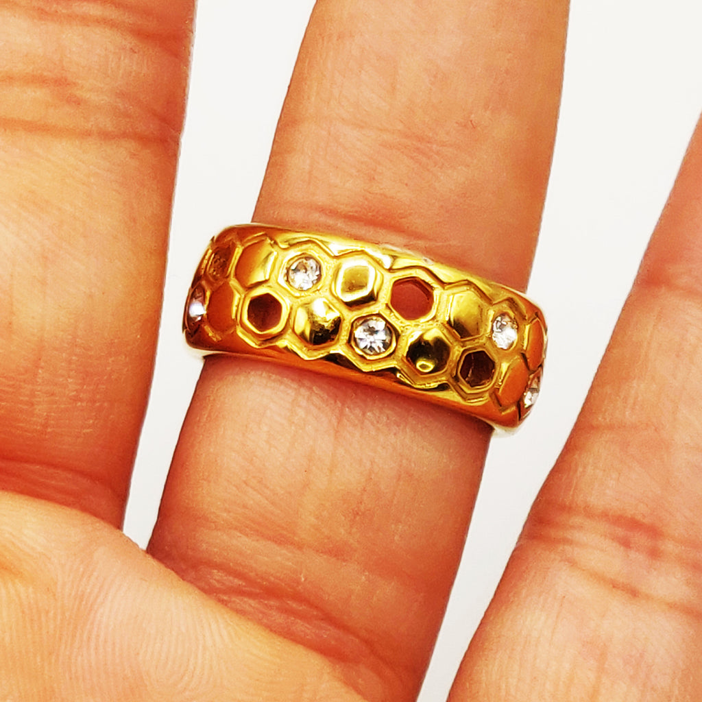 Bague Double Lignes Hexagones Dorés et Cristaux Luxe
