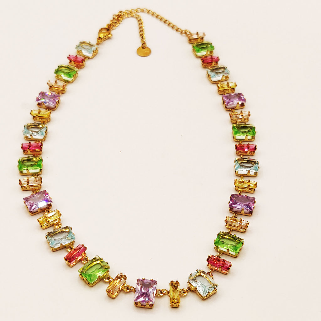 Collier Multi Cristaux Rectangles Multi Formes Multicolores Luxe