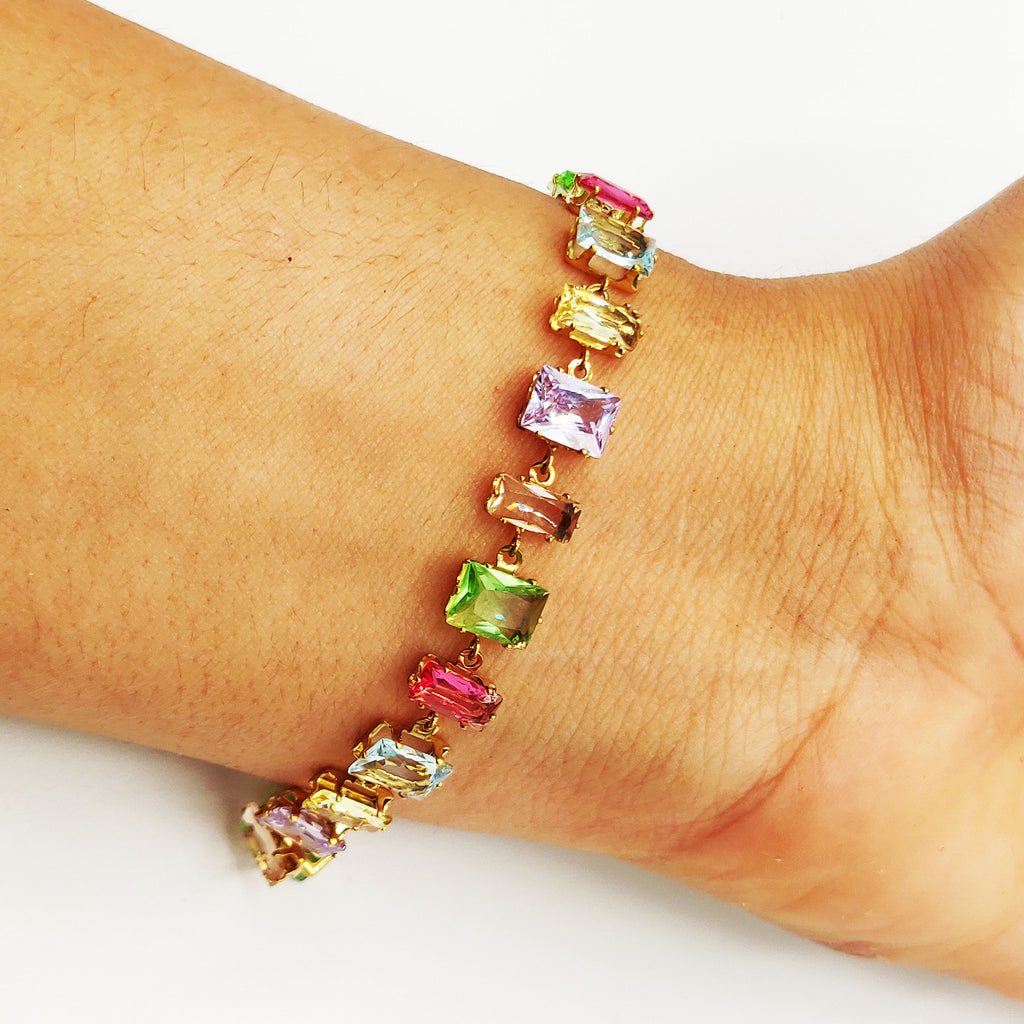 Bracelet Multi Cristaux Rectangles Multi Formes Multicolores Luxe