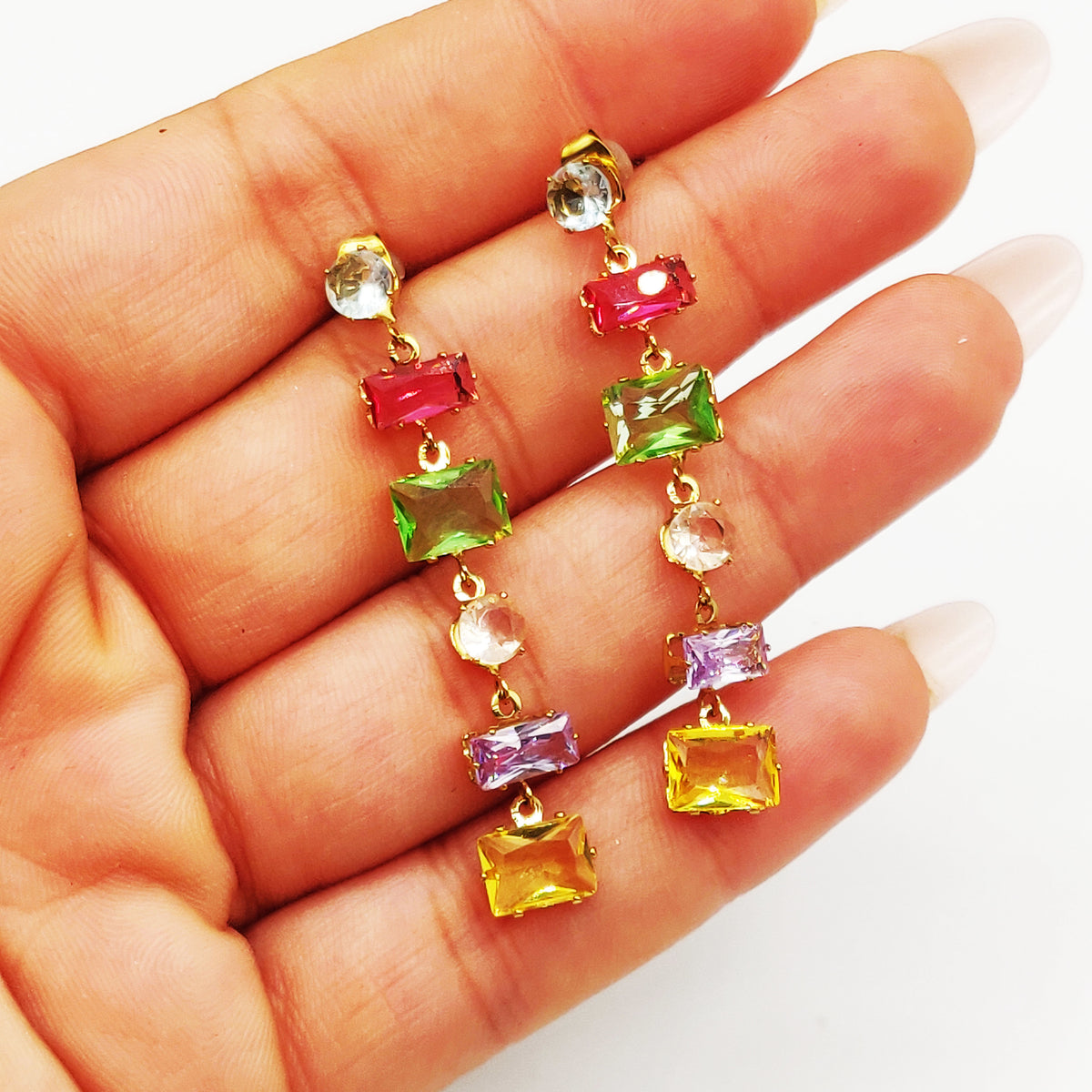 Boucles d'oreilles Multi Cristaux Rectangles Multi Formes Multicolores Luxe