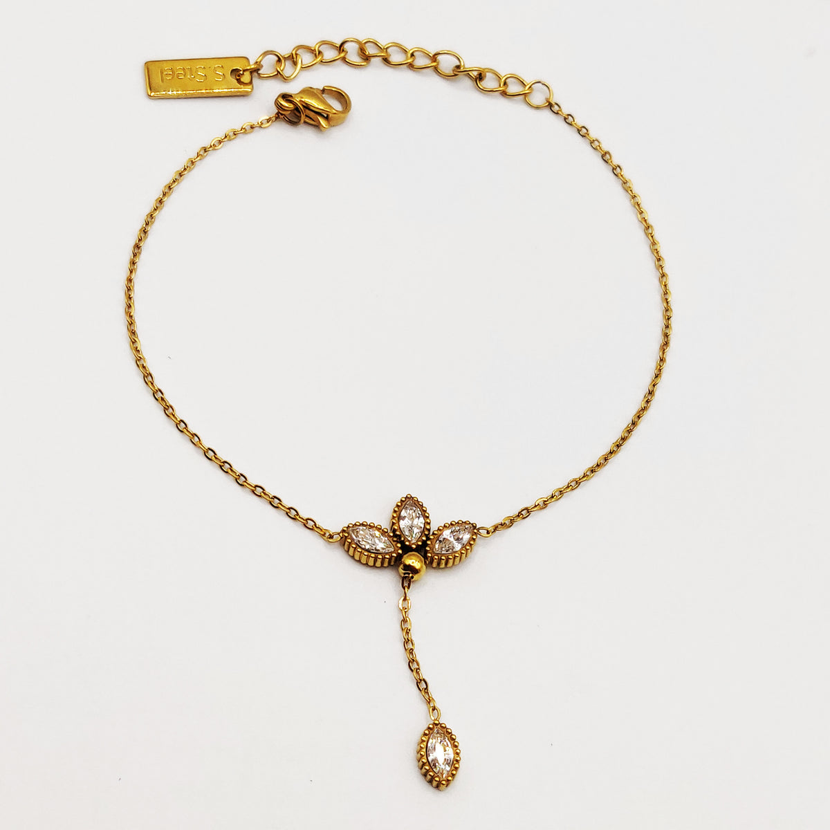 Bracelet Triple Feuilles Cristaux Pendentif Feuille Luxe