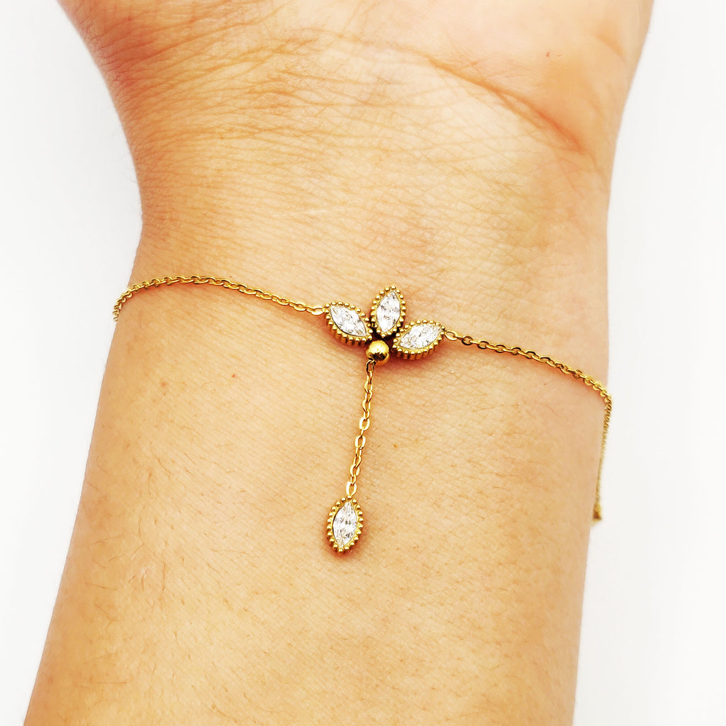 Bracelet Triple Feuilles Cristaux Pendentif Feuille Luxe