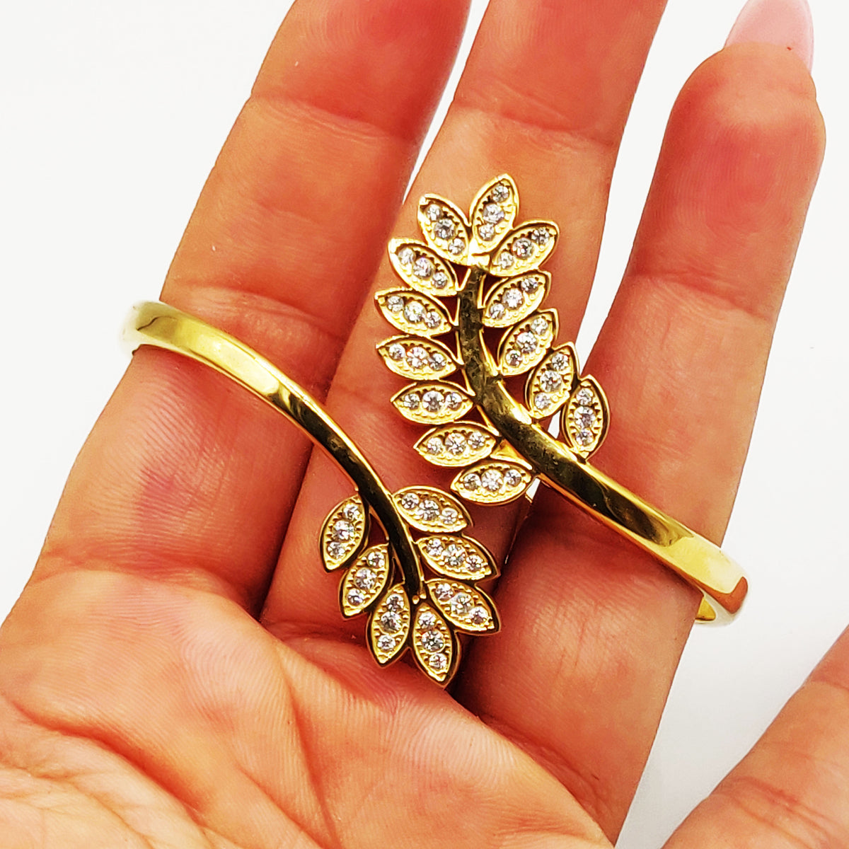 Bracelet Rigide Feuilles Cristaux Luxe