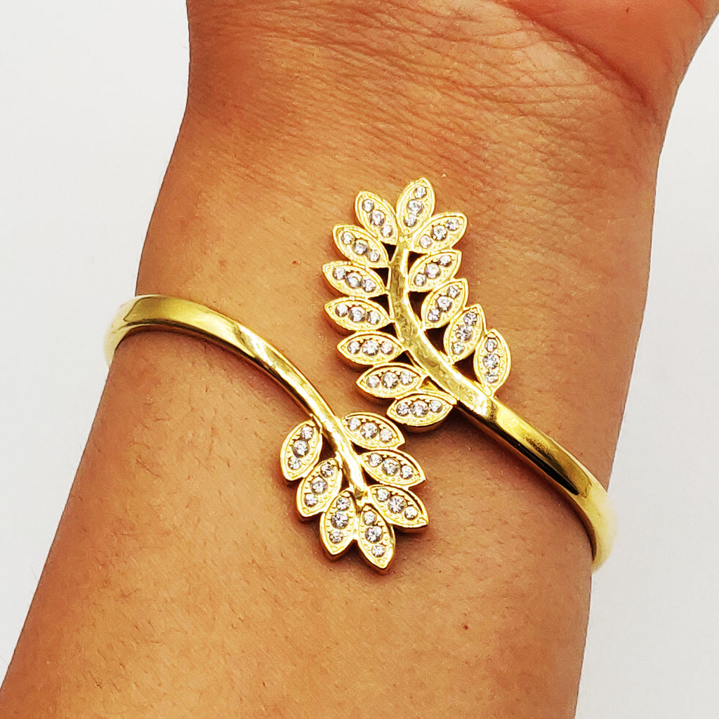 Bracelet Rigide Feuilles Cristaux Luxe