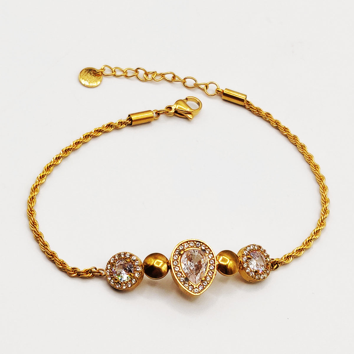 Bracelet Ronds Cristaux et Dorés Pendentif Goutte Cristal Luxe
