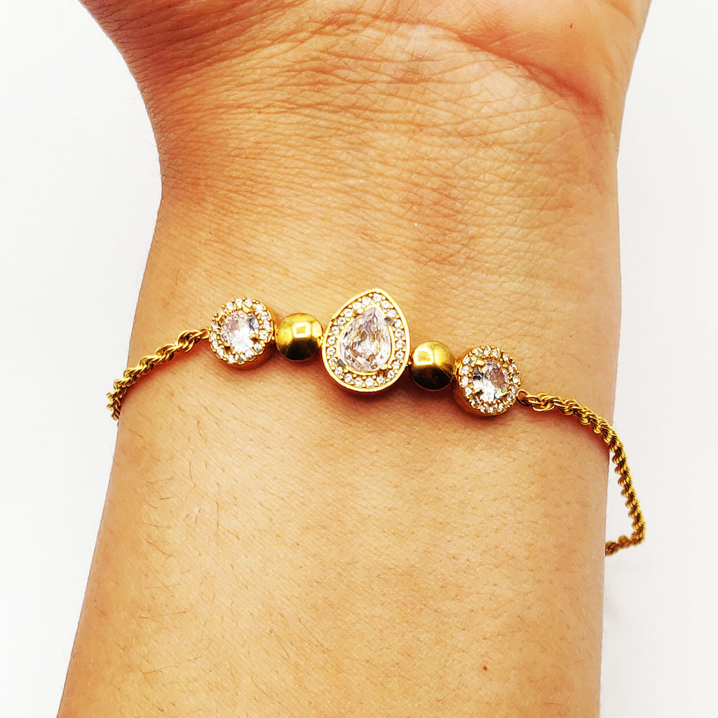 Bracelet Ronds Cristaux et Dorés Pendentif Goutte Cristal Luxe