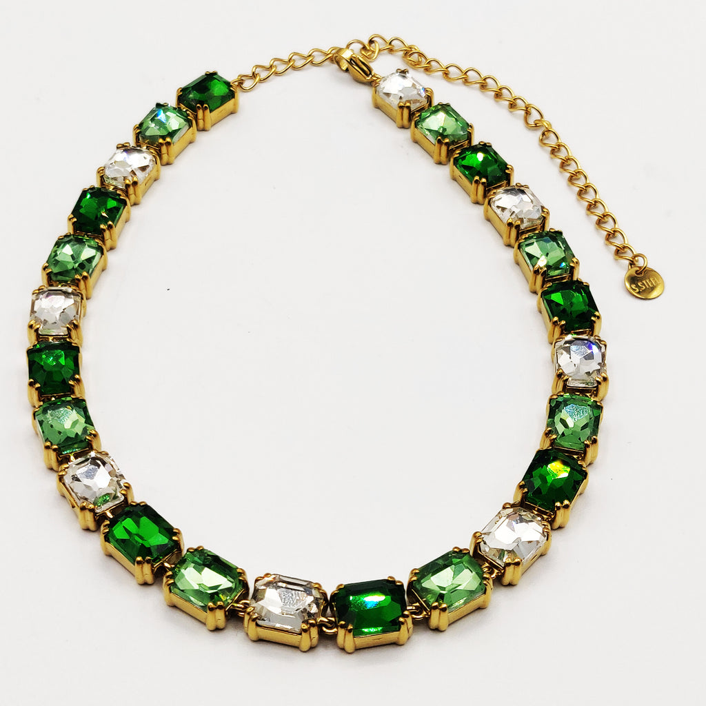 Collier Multi Cristaux Rectangles Verts et Blancs Luxe
