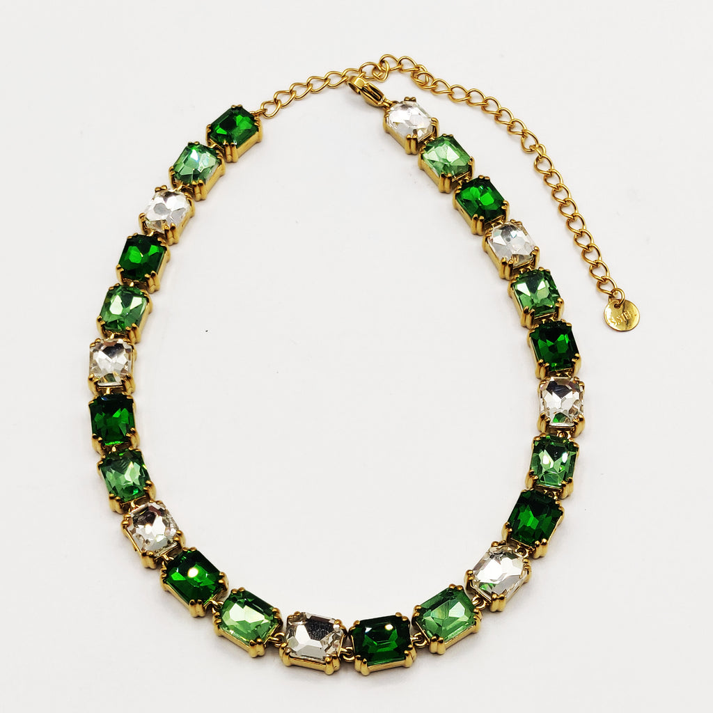 Collier Multi Cristaux Rectangles Verts et Blancs Luxe