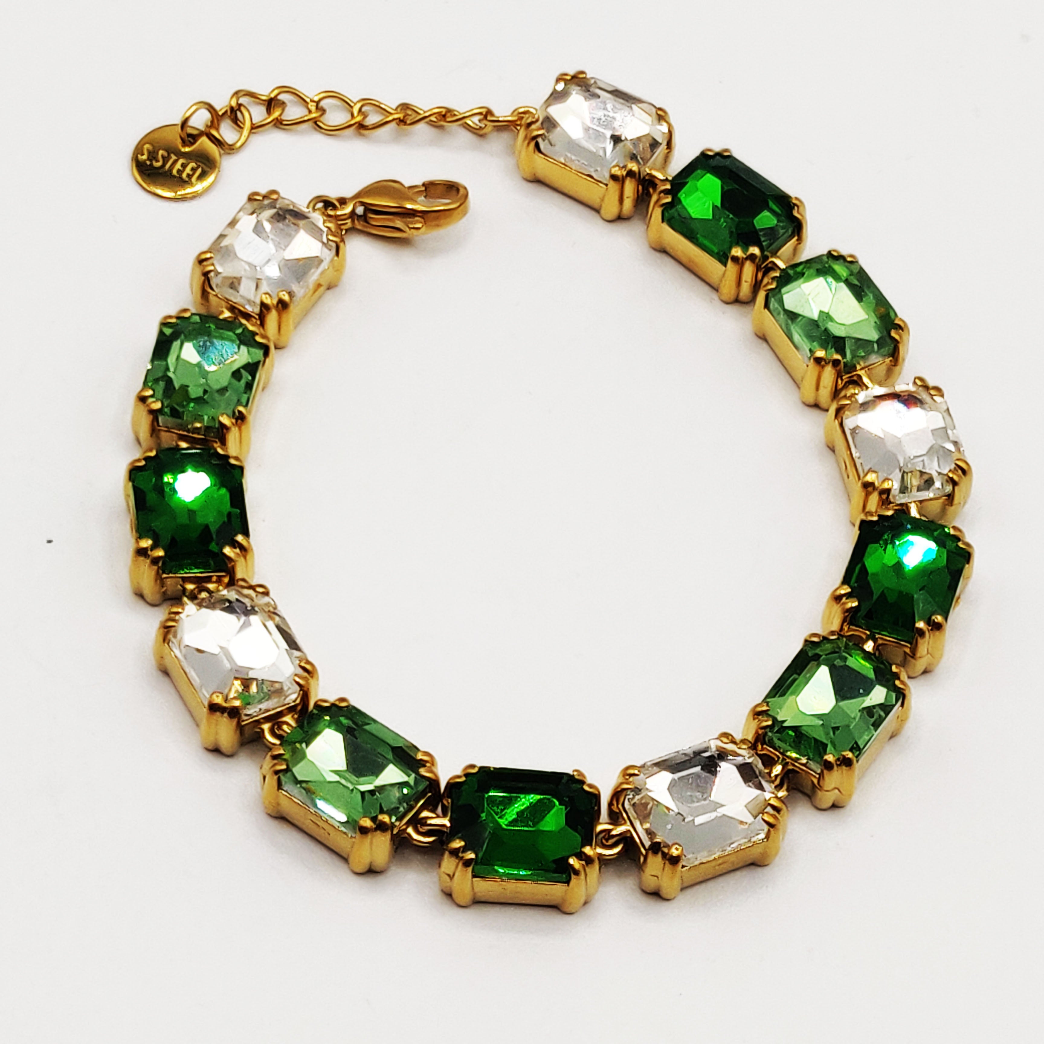 Bracelet Multi Cristaux Rectangles Verts et Blancs Luxe