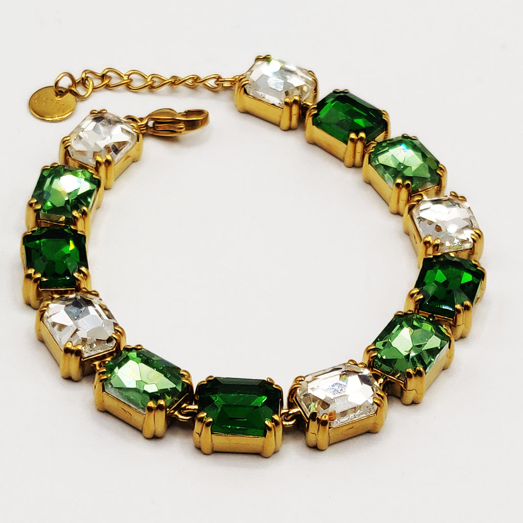 Bracelet Multi Cristaux Rectangles Verts et Blancs Luxe