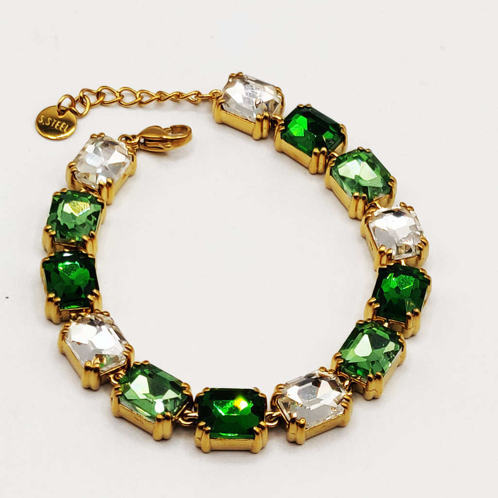 Bracelet Multi Cristaux Rectangles Verts et Blancs Luxe