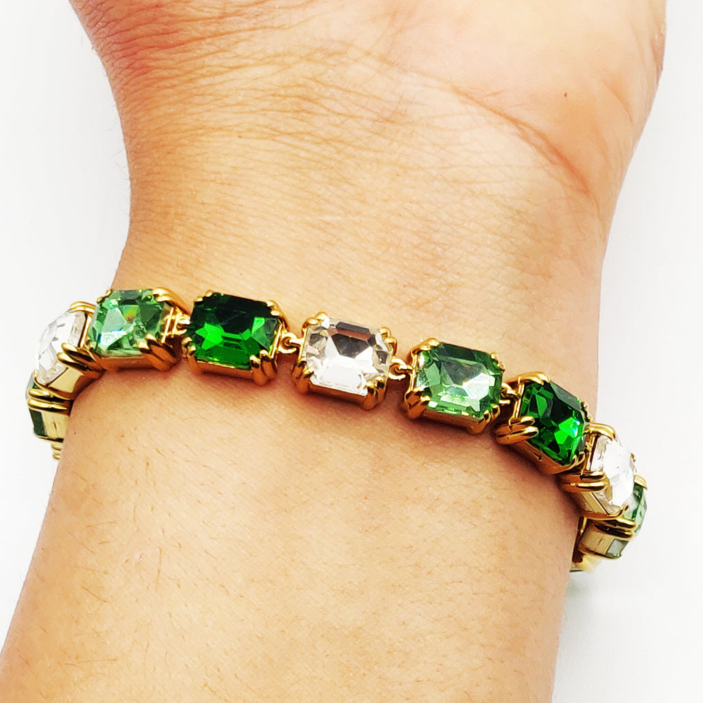 Bracelet Multi Cristaux Rectangles Verts et Blancs Luxe