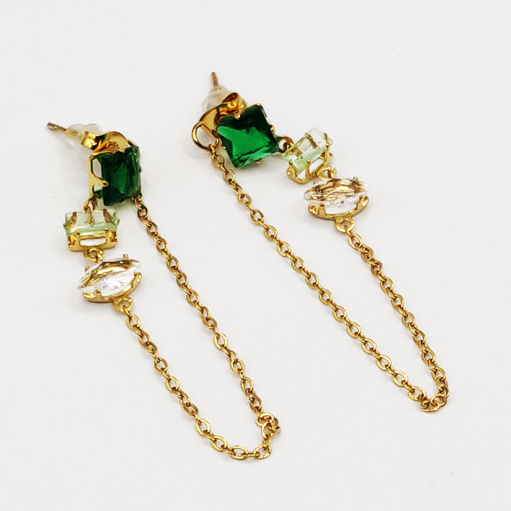 Boucles d'oreilles Multi Cristaux Rectangles Verts et Blancs Luxe