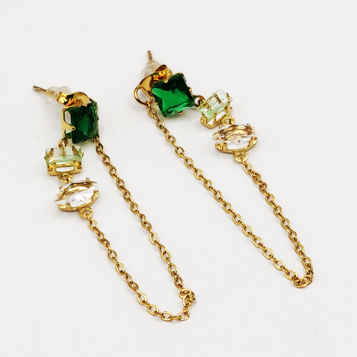 Boucles d'oreilles Multi Cristaux Rectangles Verts et Blancs Luxe